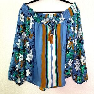 LORALETTE‎ PLUS SIZE 2X TOP OFF SHOULDER FLORAL STRIPPED BLUE BLOUSE NWT